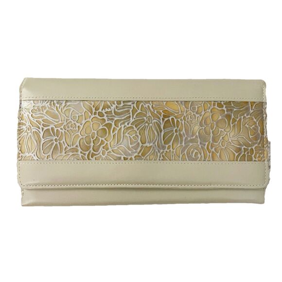 Topstyle Cream Tooled Leather Wallet Germany Floral Embossed Accordion Old Money - Picture 1 of 12